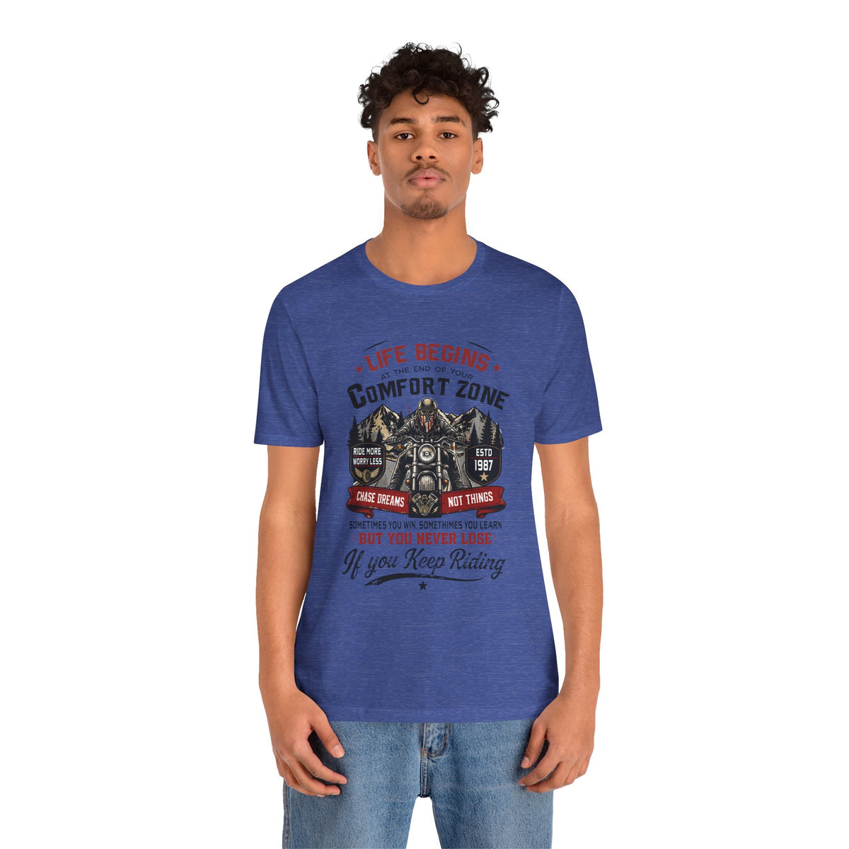 Motorcycle Rider Tee — "Life Begins at the End of Your Comfort Zone" Inspirational Biker Unisex T-Shirt by Printify