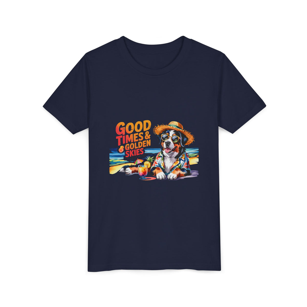 Youth Tee-'Good Times & Golden Skies' Beach Dog Graphic Unisex T-Shirt by Printify