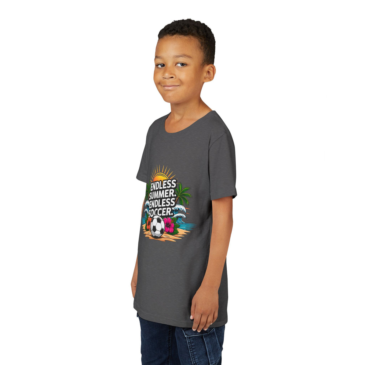 Youth Tee-"Endless Summer, Endless Soccer" Tropical Soccer Graphic Unisex T-Shirt by Printify