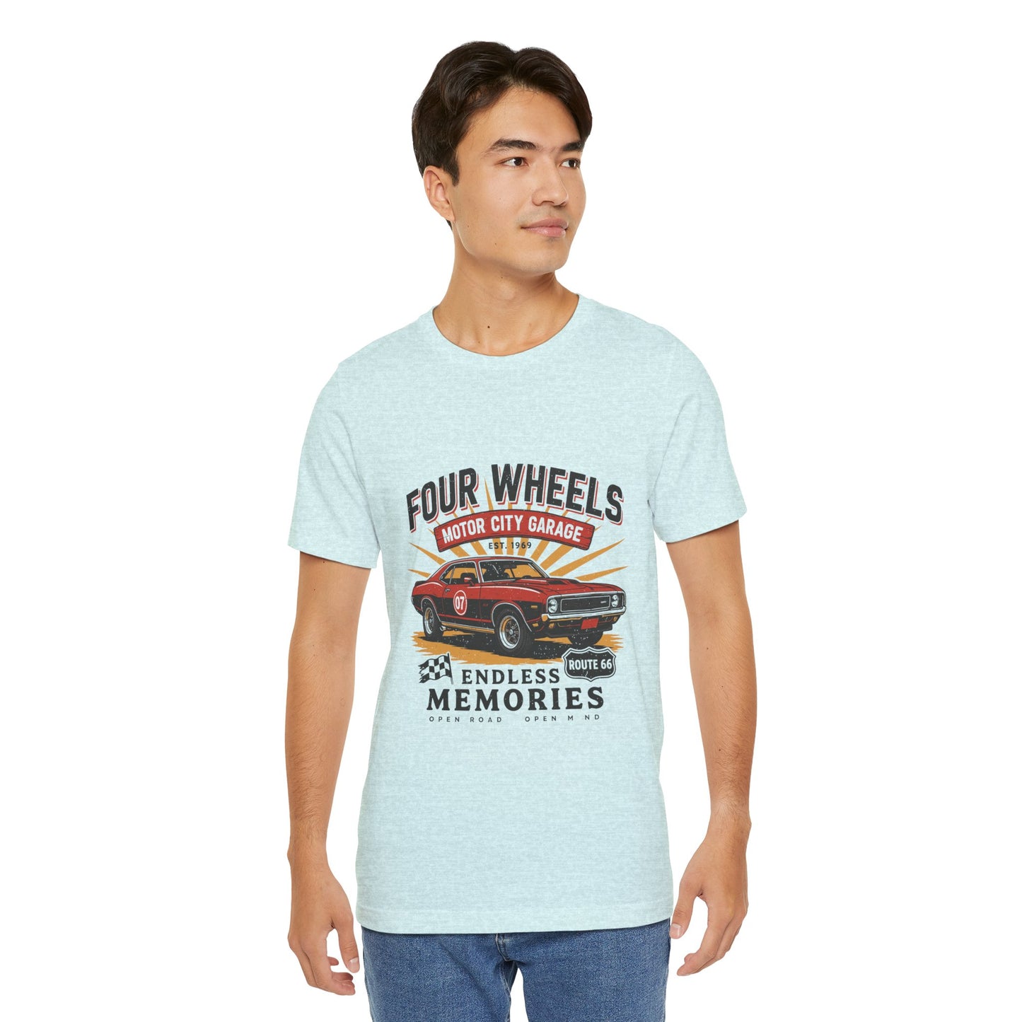 Vintage Muscle Car Tee — “Four Wheels Motor City Garage: Endless Memories” by Printify