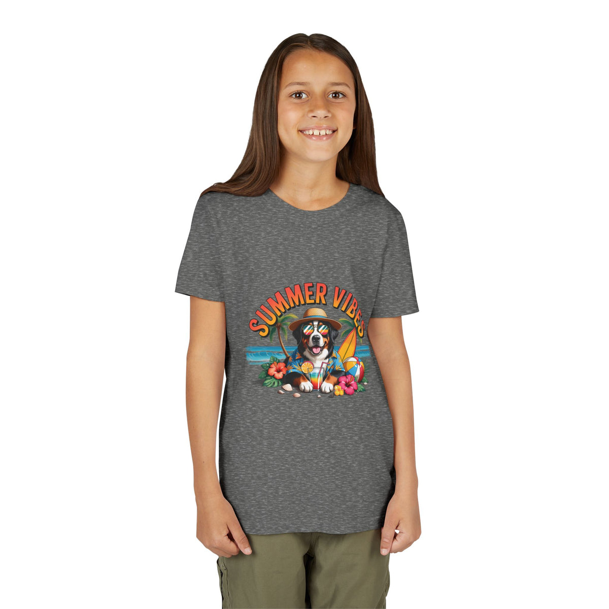 Youth Tee-"Summer Vibes" Dog Surfing Design Unisex T-Shirt by Printify