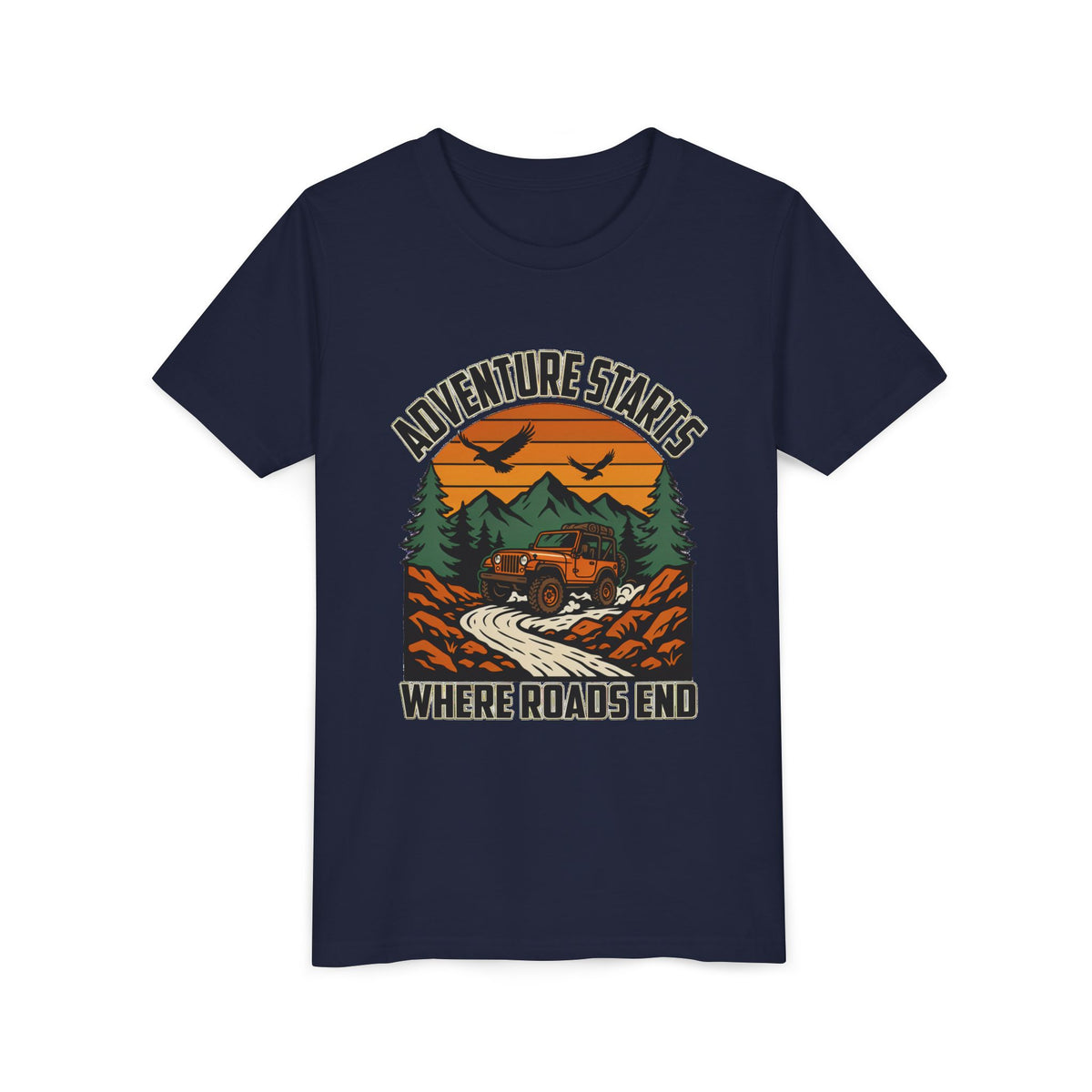 Youth Tee - Adventure Starts Where Roads End Off-Road Jeep Graphic Unisex T-Shirt by Printify