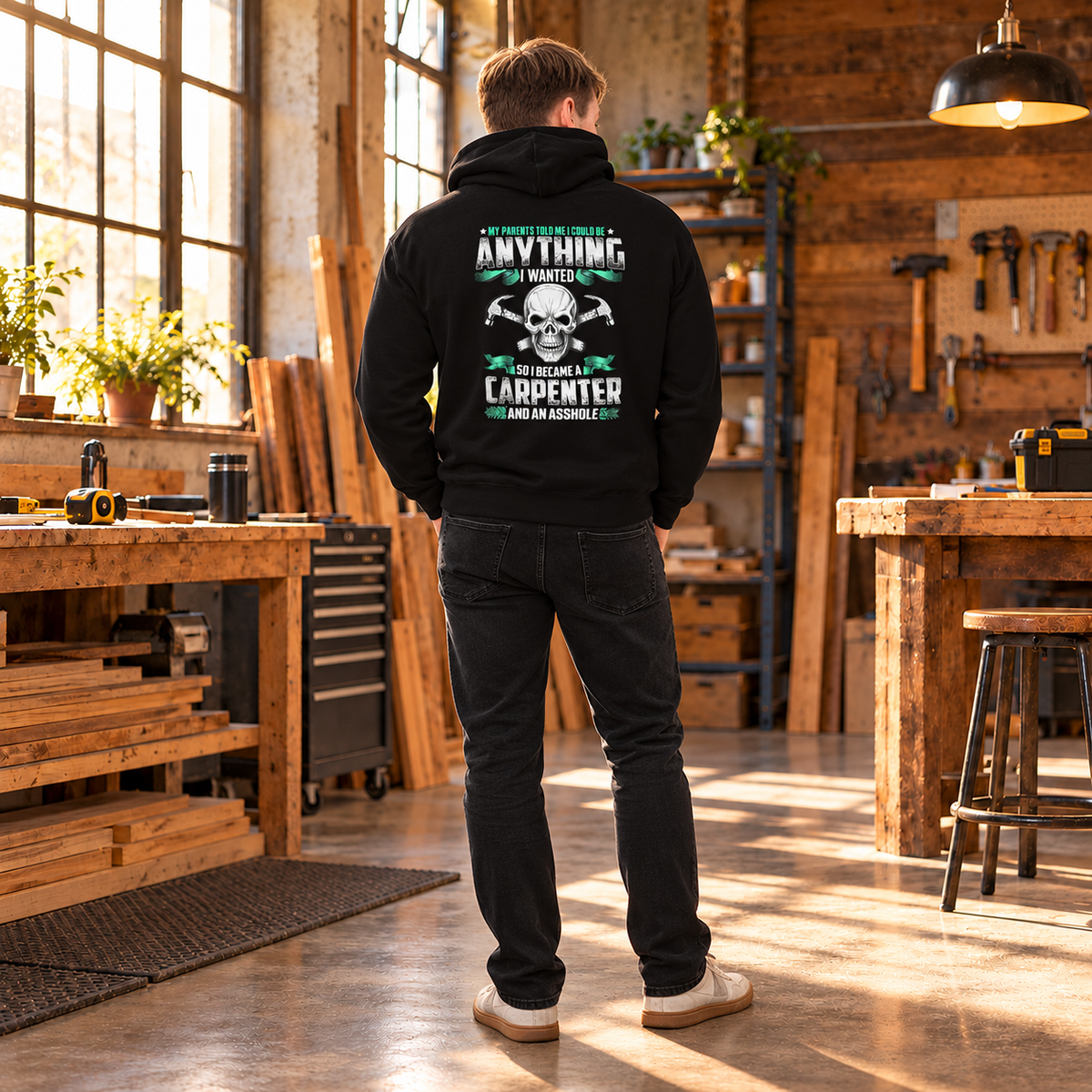 Funny Carpenter Unisex Hoodie, Skull and Crossed Hammers Graphic Pullover Hoodie, Carpenter Workwear Gift