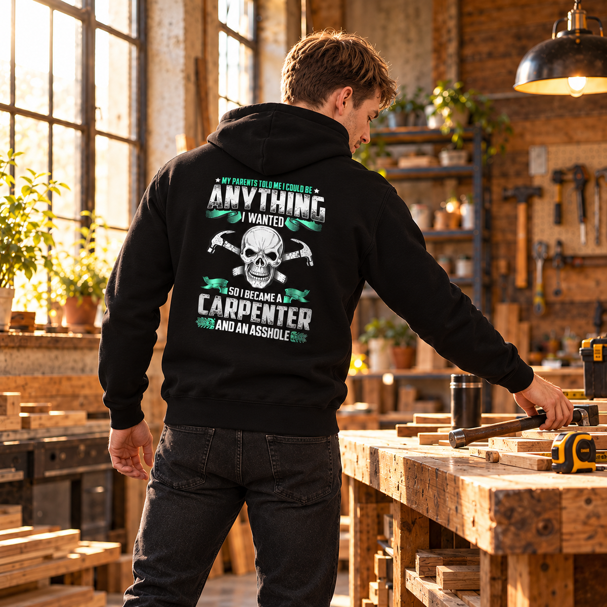 Funny Carpenter Unisex Hoodie, Skull and Crossed Hammers Graphic Pullover Hoodie, Carpenter Workwear Gift