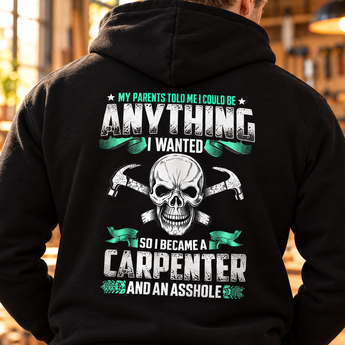 Funny Carpenter Unisex Hoodie, Skull and Crossed Hammers Graphic Pullover Hoodie, Carpenter Workwear Gift