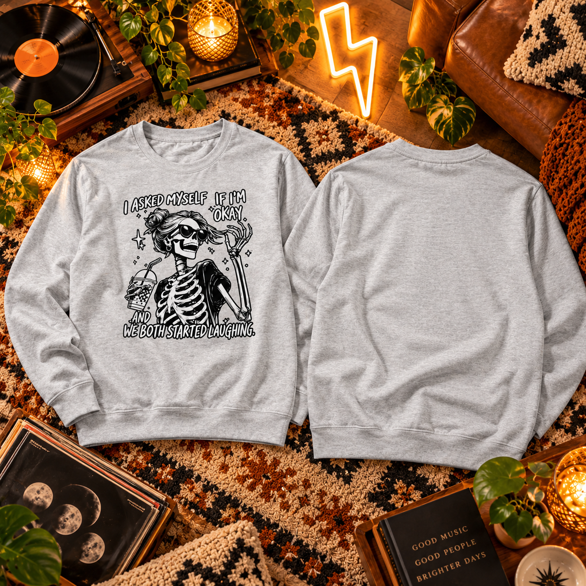 Funny Skeleton Sweatshirt for Women – “I Asked Myself If I’m Okay” Sarcastic Crewneck