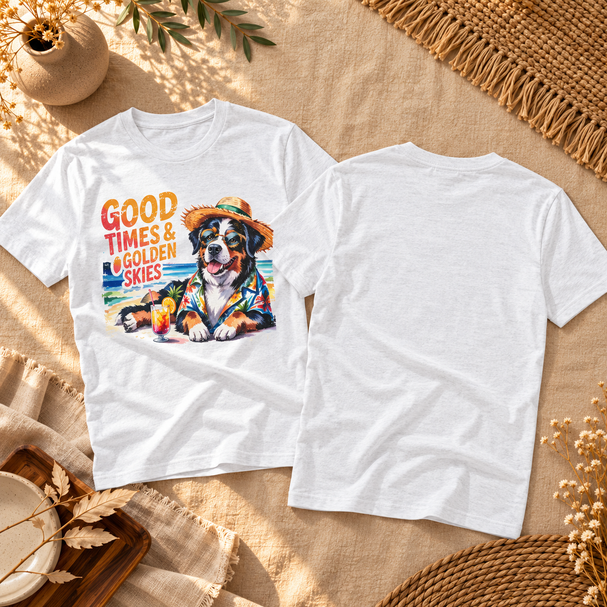 Hunde-T-Shirt „Gute Zeiten und goldener Himmel“ am Strand | Ortrends