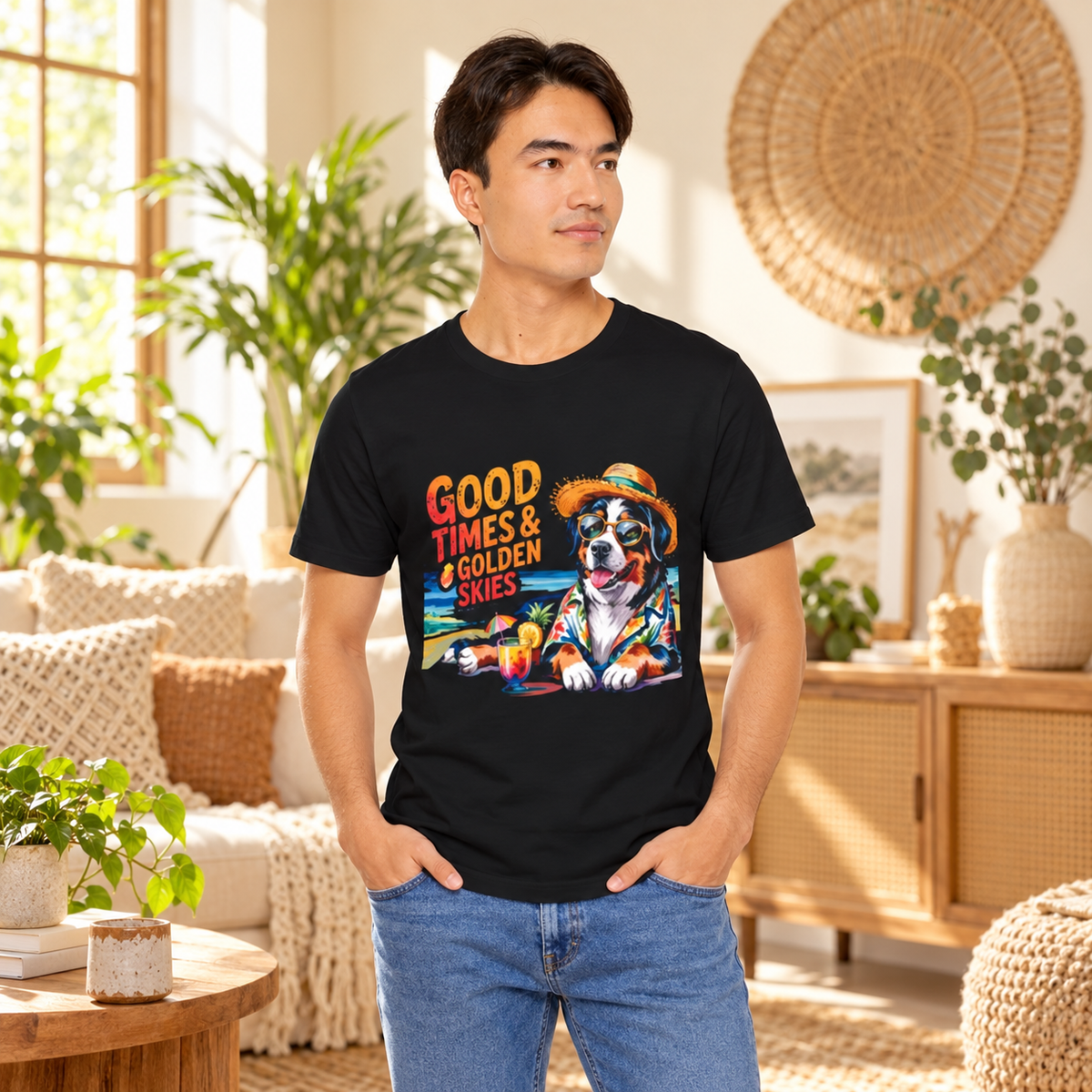 Hunde-T-Shirt „Gute Zeiten und goldener Himmel“ am Strand | Ortrends
