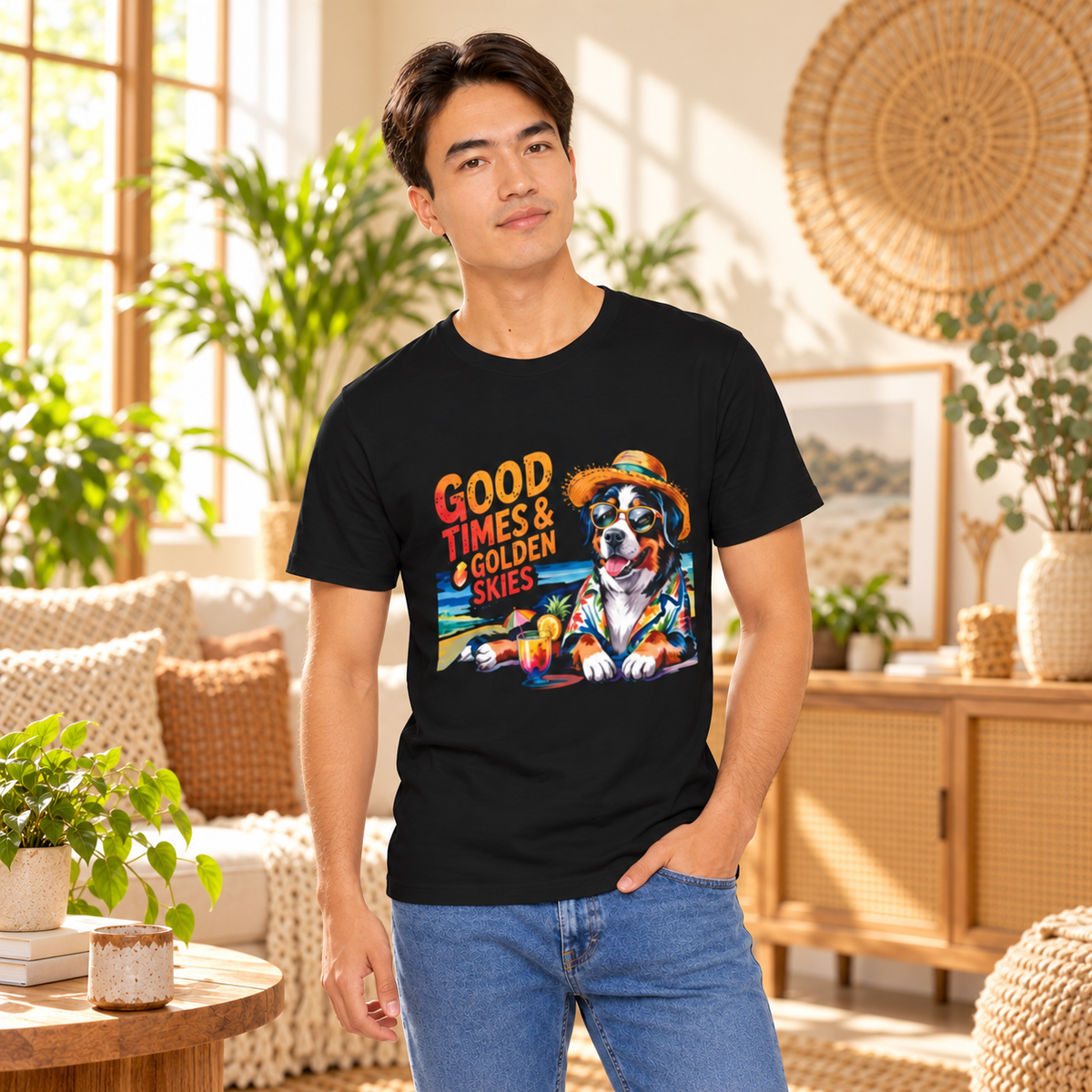 Hunde-T-Shirt „Gute Zeiten und goldener Himmel“ am Strand | Ortrends
