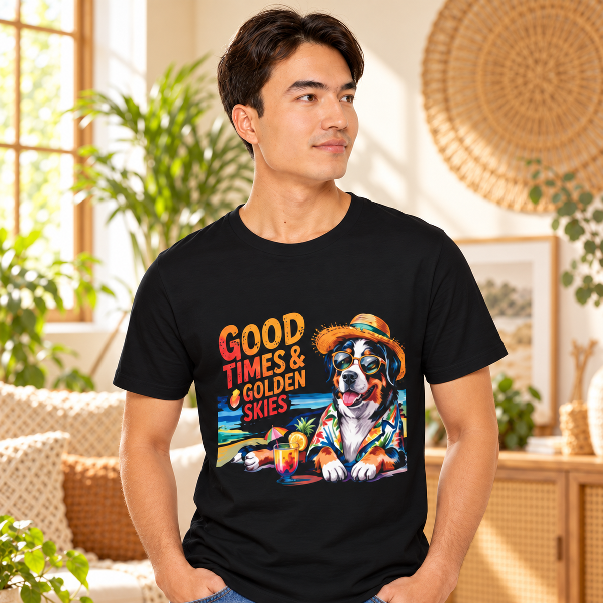 Hunde-T-Shirt „Gute Zeiten und goldener Himmel“ am Strand | Ortrends