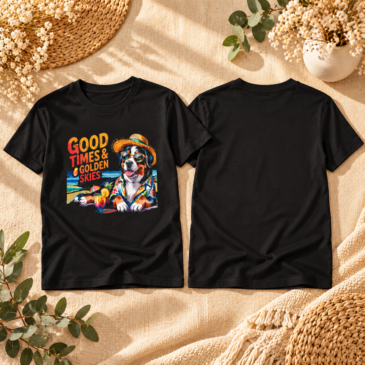 Hunde-T-Shirt „Gute Zeiten und goldener Himmel“ am Strand | Ortrends