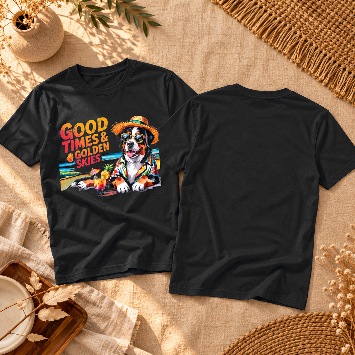 Hunde-T-Shirt „Gute Zeiten und goldener Himmel“ am Strand | Ortrends