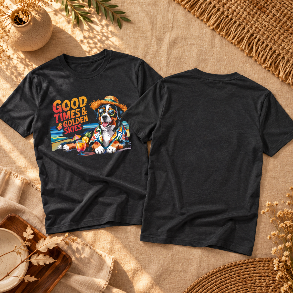 Hunde-T-Shirt „Gute Zeiten und goldener Himmel“ am Strand | Ortrends