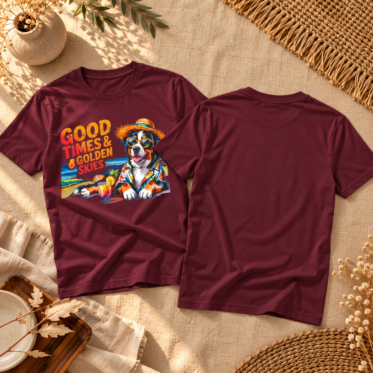 Hunde-T-Shirt „Gute Zeiten und goldener Himmel“ am Strand | Ortrends