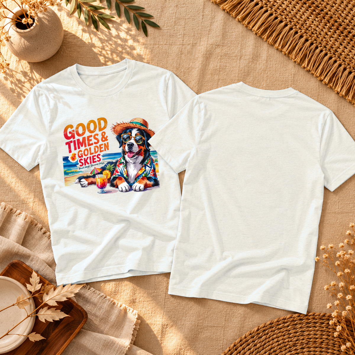 Hunde-T-Shirt „Gute Zeiten und goldener Himmel“ am Strand | Ortrends