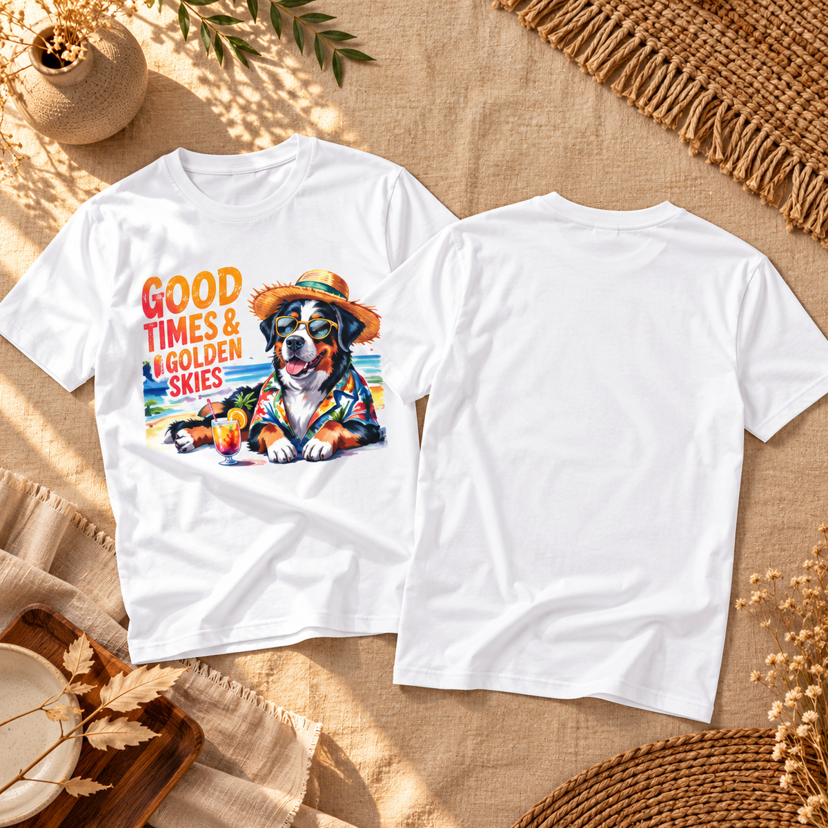 Hunde-T-Shirt „Gute Zeiten und goldener Himmel“ am Strand | Ortrends