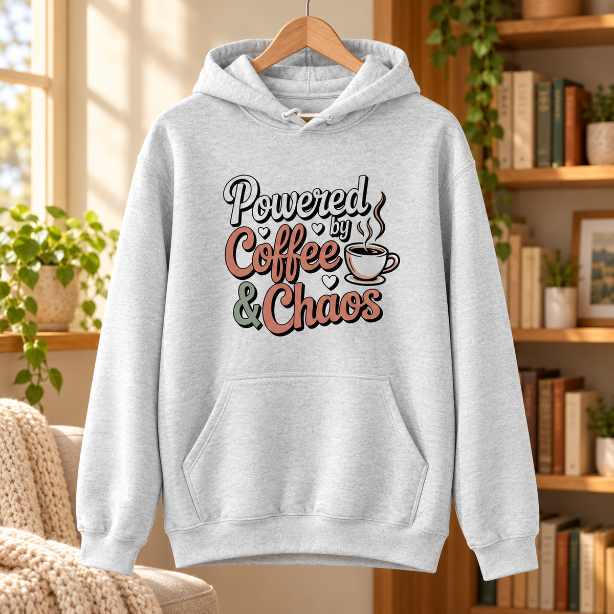 Powered by Coffee & Chaos Unisex Hoodie | Funny Coffee Lover Sweatshirt | Cute Caffeine Lover Gift
