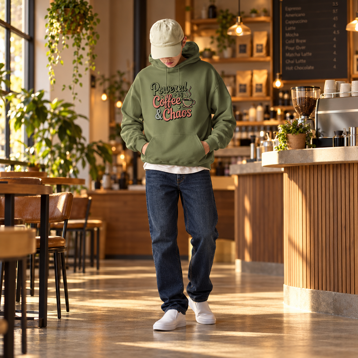 Powered by Coffee & Chaos Unisex Hoodie | Funny Coffee Lover Sweatshirt | Cute Caffeine Lover Gift