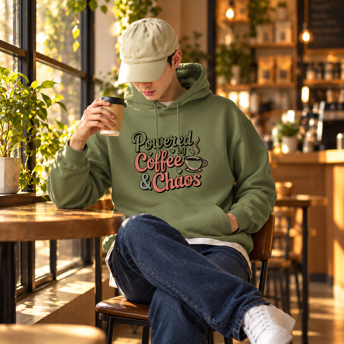 Powered by Coffee & Chaos Unisex Hoodie | Funny Coffee Lover Sweatshirt | Cute Caffeine Lover Gift