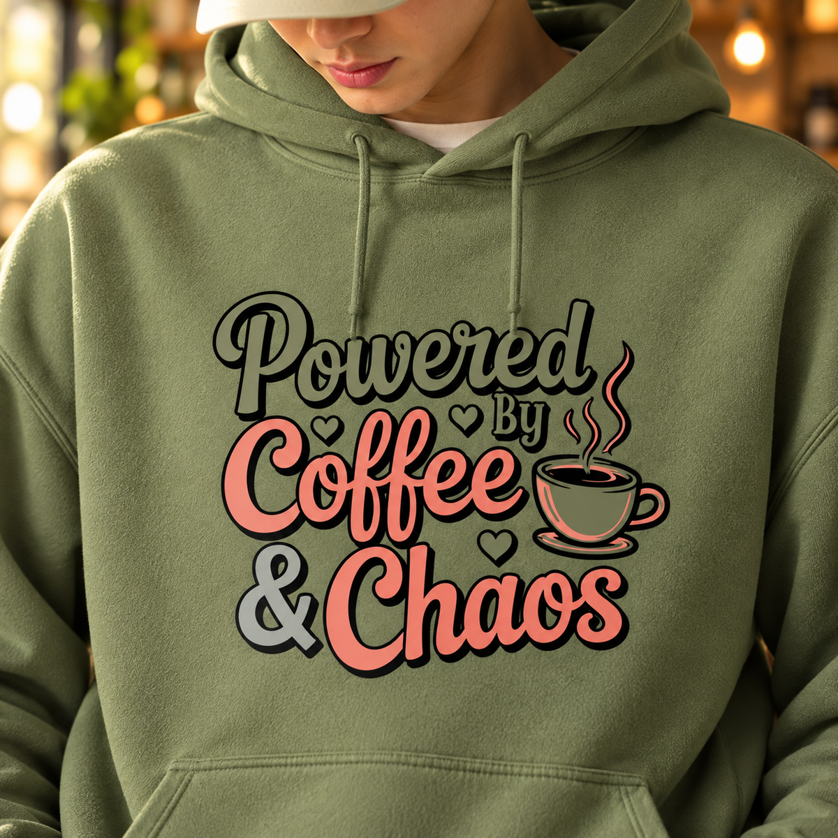 Powered by Coffee & Chaos Unisex Hoodie | Funny Coffee Lover Sweatshirt | Cute Caffeine Lover Gift