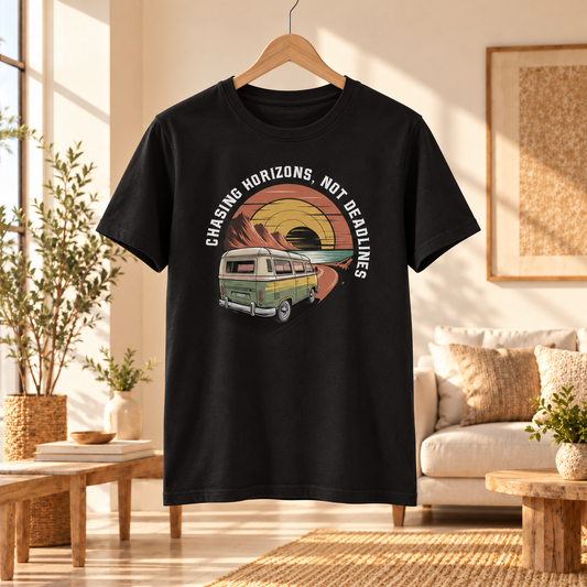 Unisex Vintage Camper Van T-Shirt, Chasing Horizons Not Deadlines Graphic Tee, Retro Road Trip Shirt
