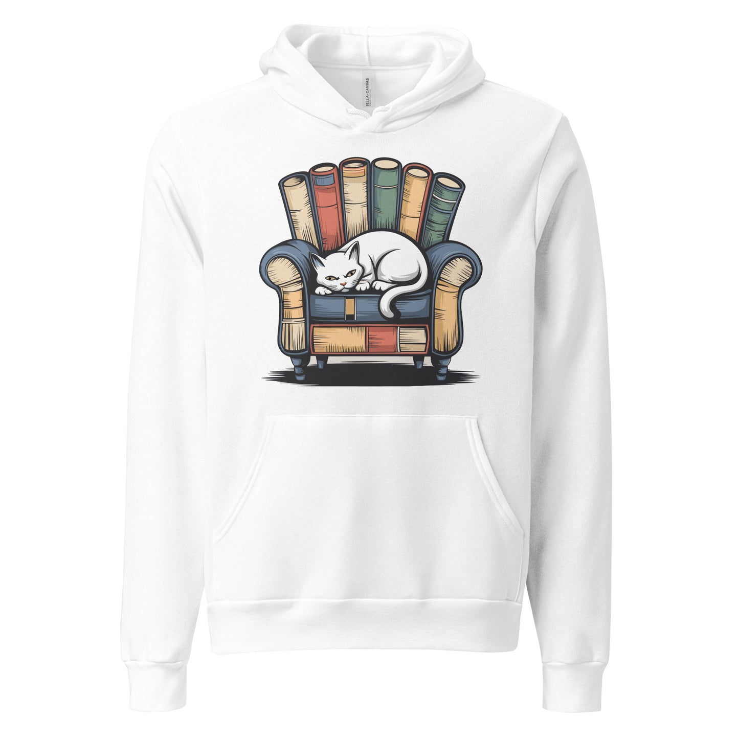 Cat Relaxing - White Premium Hoodie with sleeping cat on books design, cozy pet lover apparel, Bella+Canvas 3719