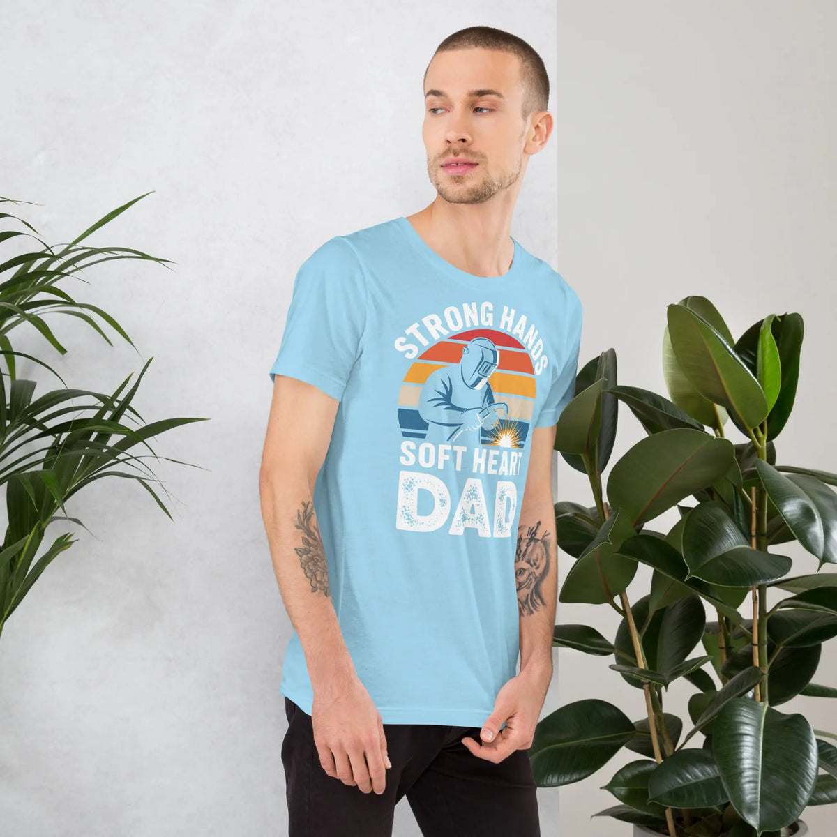 Strong Hands Soft Heart Dad Unisex T-Shirt | Bella Canvas DTG Welder Tee by Ortrends