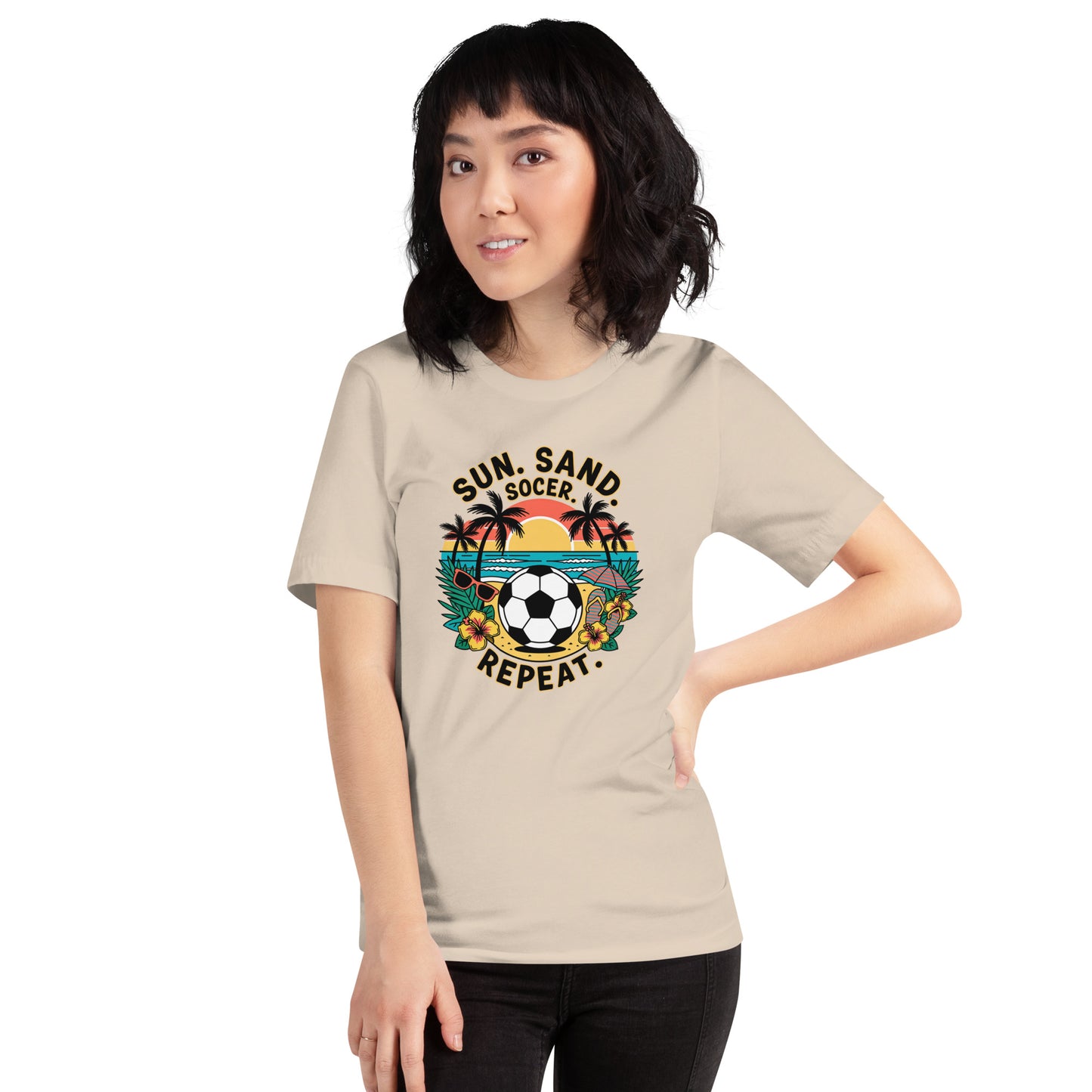 Sun Sand Soccer Repeat Unisex T-Shirt | Bella Canvas DTG Soccer Beach Tee | Summer Vacation Graphic Shirt by Ortrends