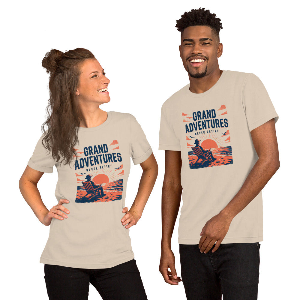 Grand Adventures Never Retire Unisex T-Shirt | Bella Canvas DTG Retirement Beach Tee by Ortrends
