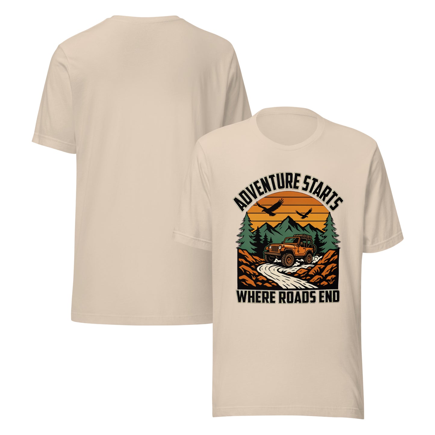 Adventure Starts Where Roads End Unisex T-Shirt | Bella Canvas DTG Off Road Jeep Tee by Ortrends