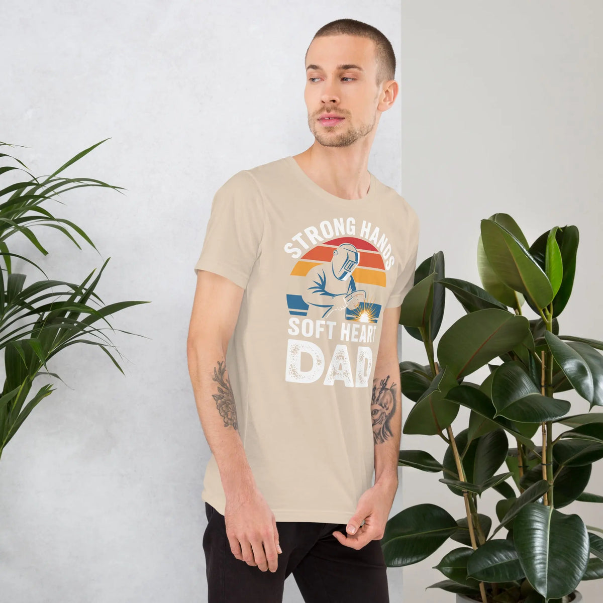 Strong Hands Soft Heart Dad Unisex T-Shirt | Bella Canvas DTG Welder Tee by Ortrends