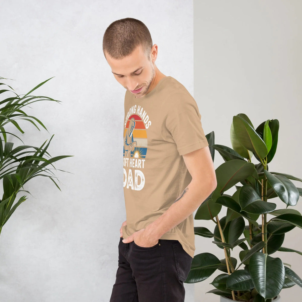 Strong Hands Soft Heart Dad Unisex T-Shirt | Bella Canvas DTG Welder Tee by Ortrends