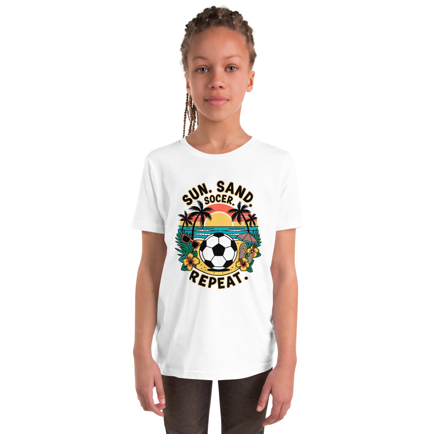 Sun Sand Soccer Repeat Kids T-Shirt | Youth Soccer Beach Tee for Boys & Girls by Ortrends
