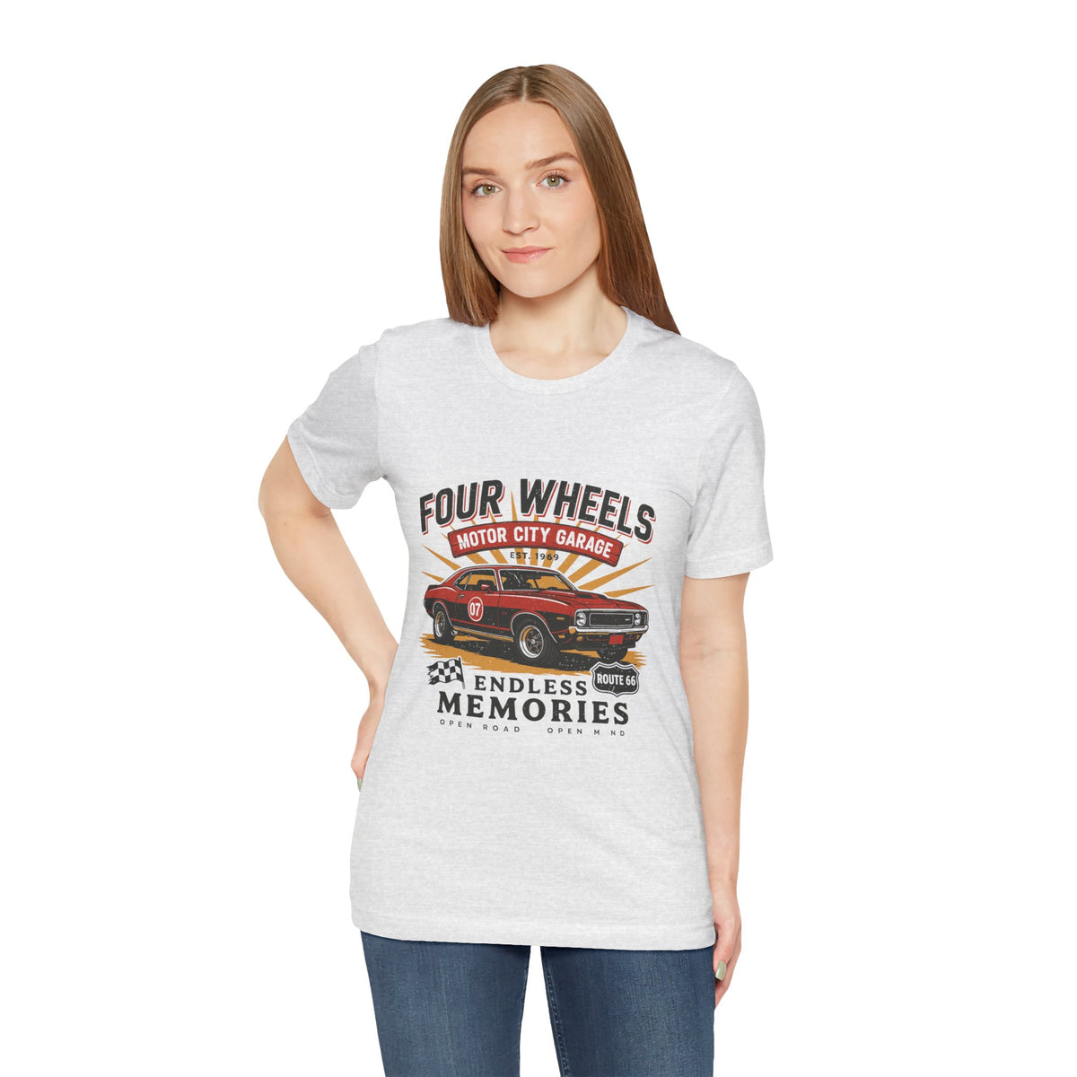Vintage Muscle Car Tee — “Four Wheels Motor City Garage: Endless Memories” by Printify