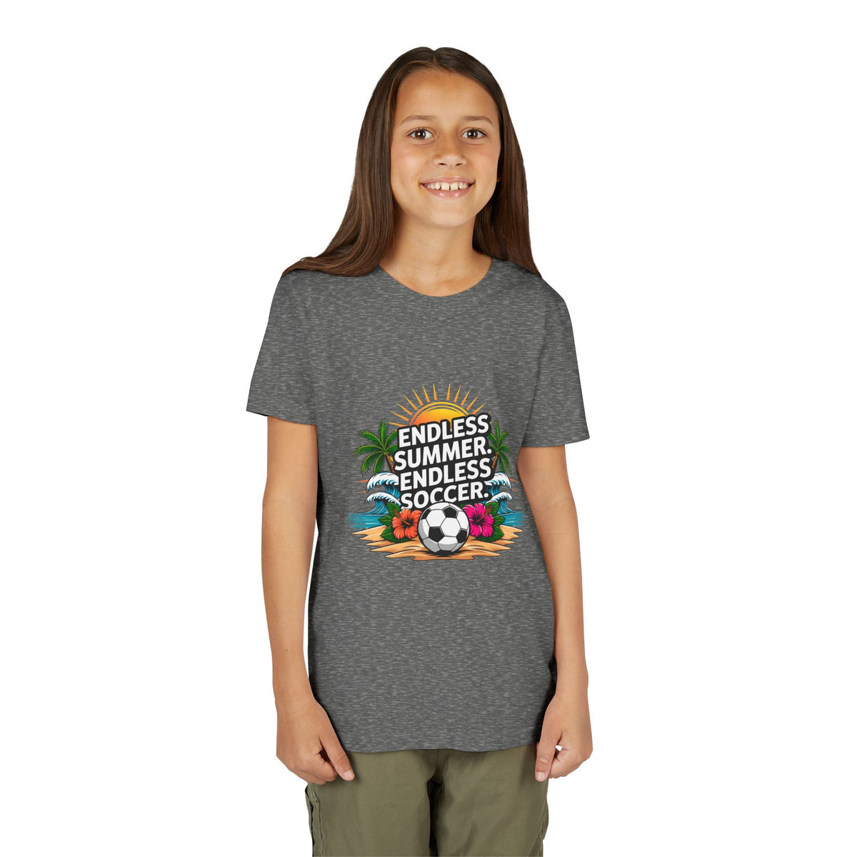 Youth Tee-"Endless Summer, Endless Soccer" Tropical Soccer Graphic Unisex T-Shirt by Printify