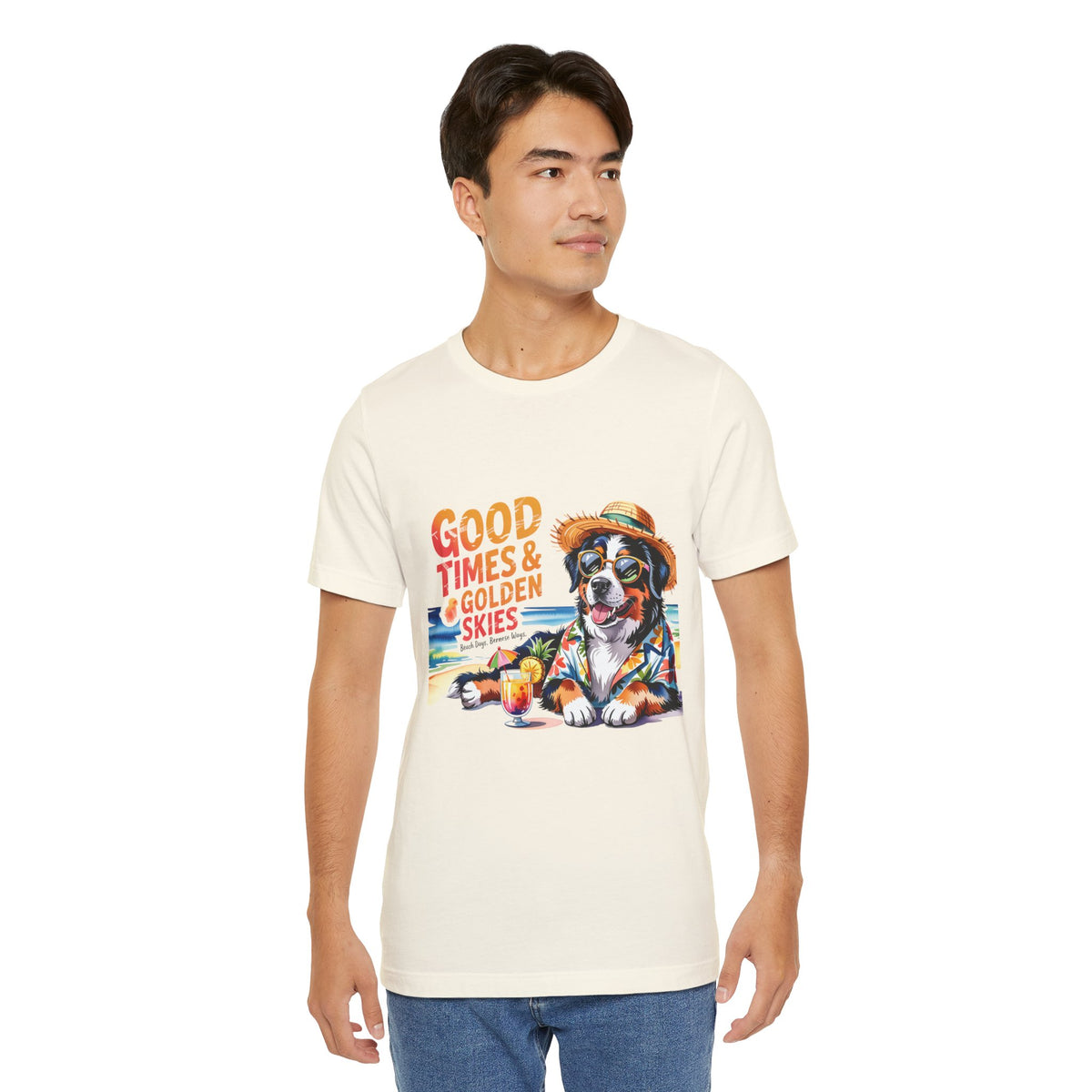Good Times & Golden Skies Beach Dog Unisex T‑Shirt by Printify