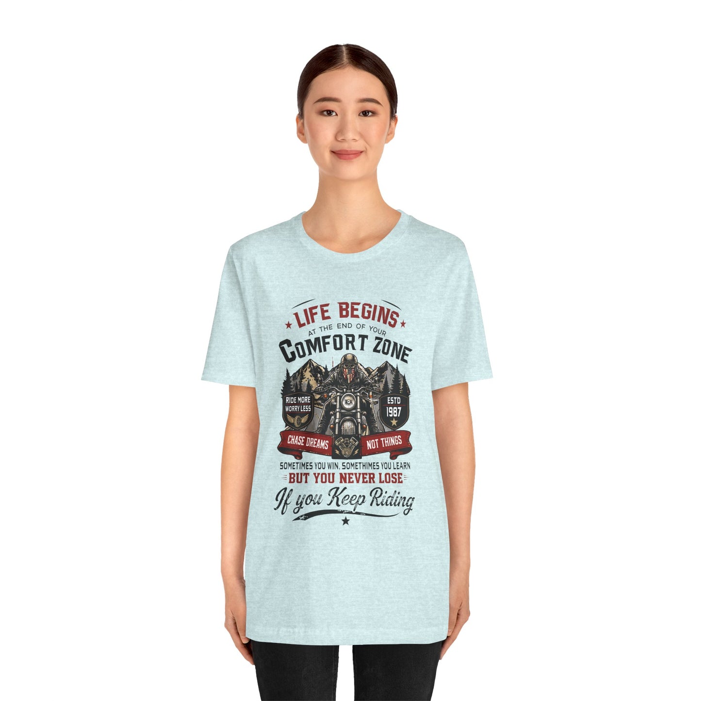Motorcycle Rider Tee — "Life Begins at the End of Your Comfort Zone" Inspirational Biker Unisex T-Shirt by Printify