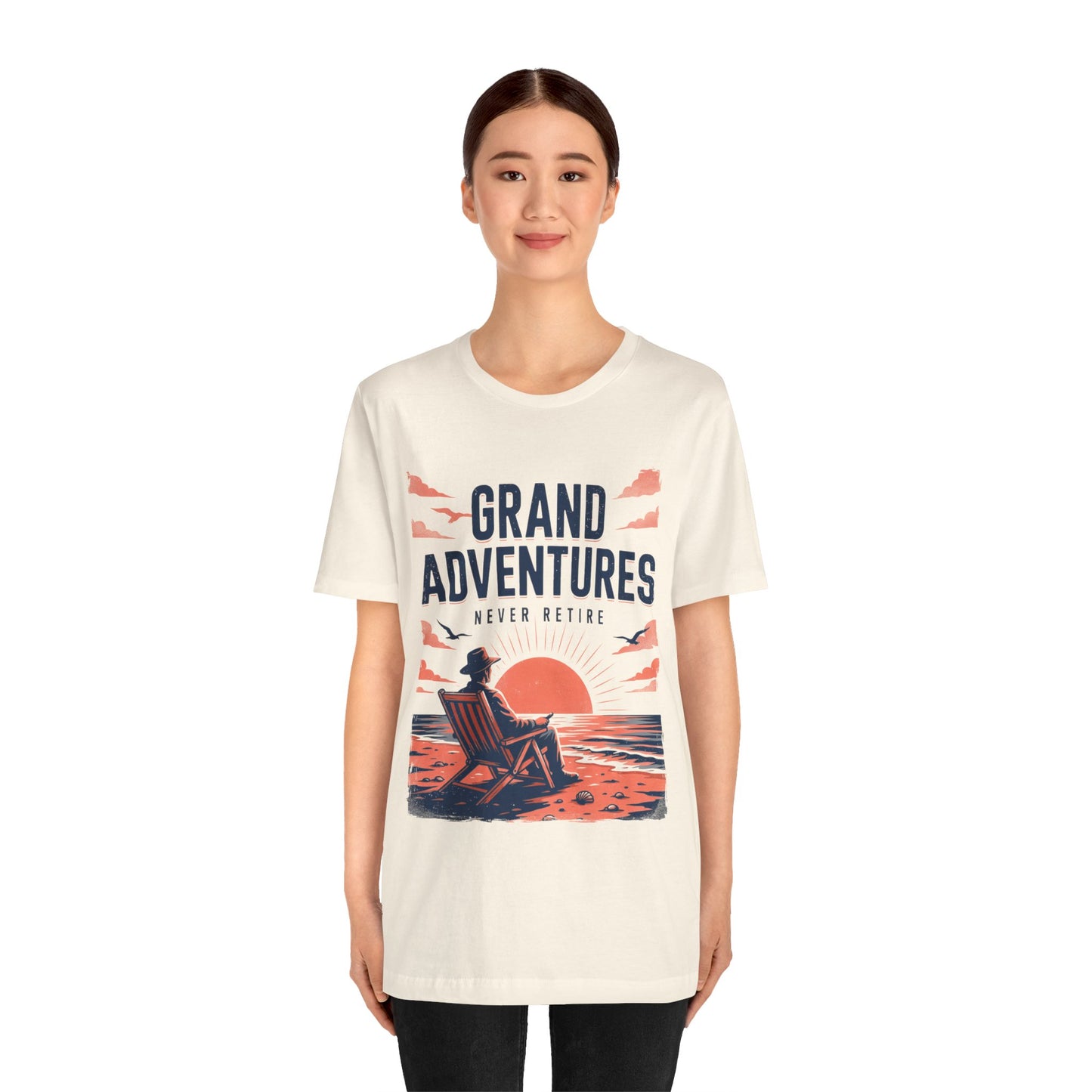 Grand Adventures Sunset Tee-"Never Retire" Beach Vacation Unisex T‑Shirt by Printify