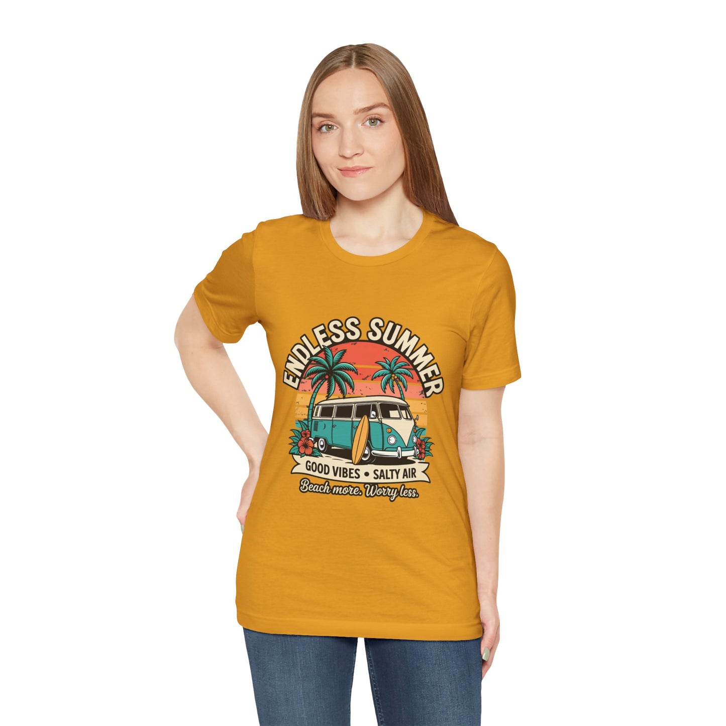 Endless Summer T‑Shirt-Vintage Surf Van "Good Vibes • Salty Air" Unisex T-Shirt by Printify