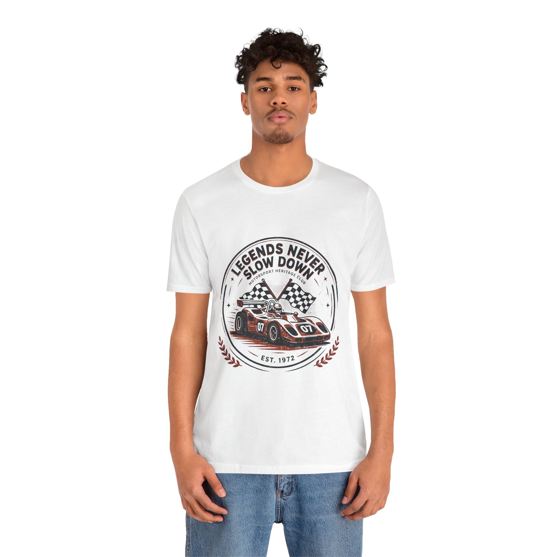 Legends Never Slow Down Racing Tee — Vintage Race Car Graphic Unisex T-Shirt by Printify