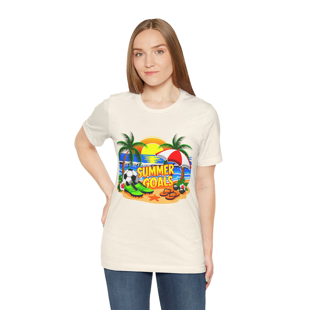 Summer Goals Beach Tee-Tropical Soccer & Sunshine Graphic Unisex T-Shirt by Printify