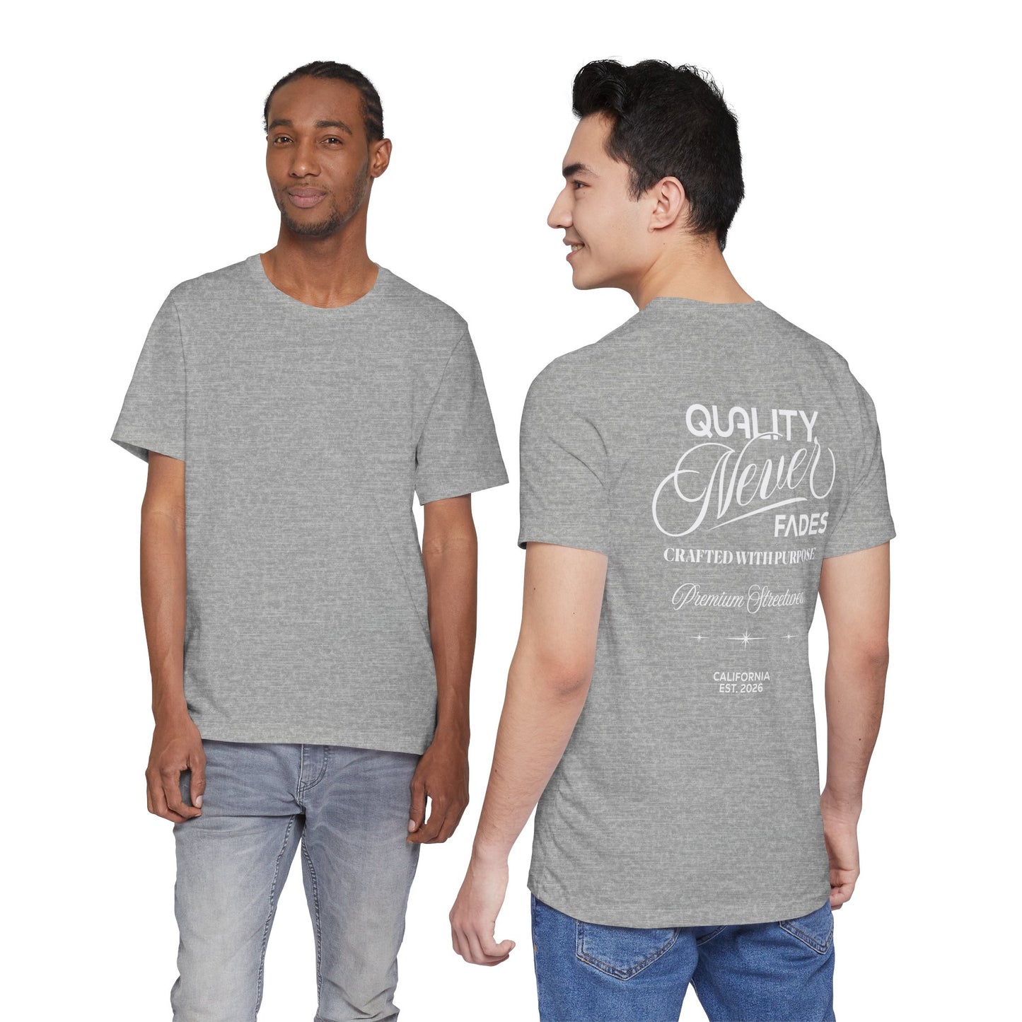Quality Never Fades T-Shirt-Vintage Script Back Print, Premium Streetwear Unisex T-Shirt by Printify