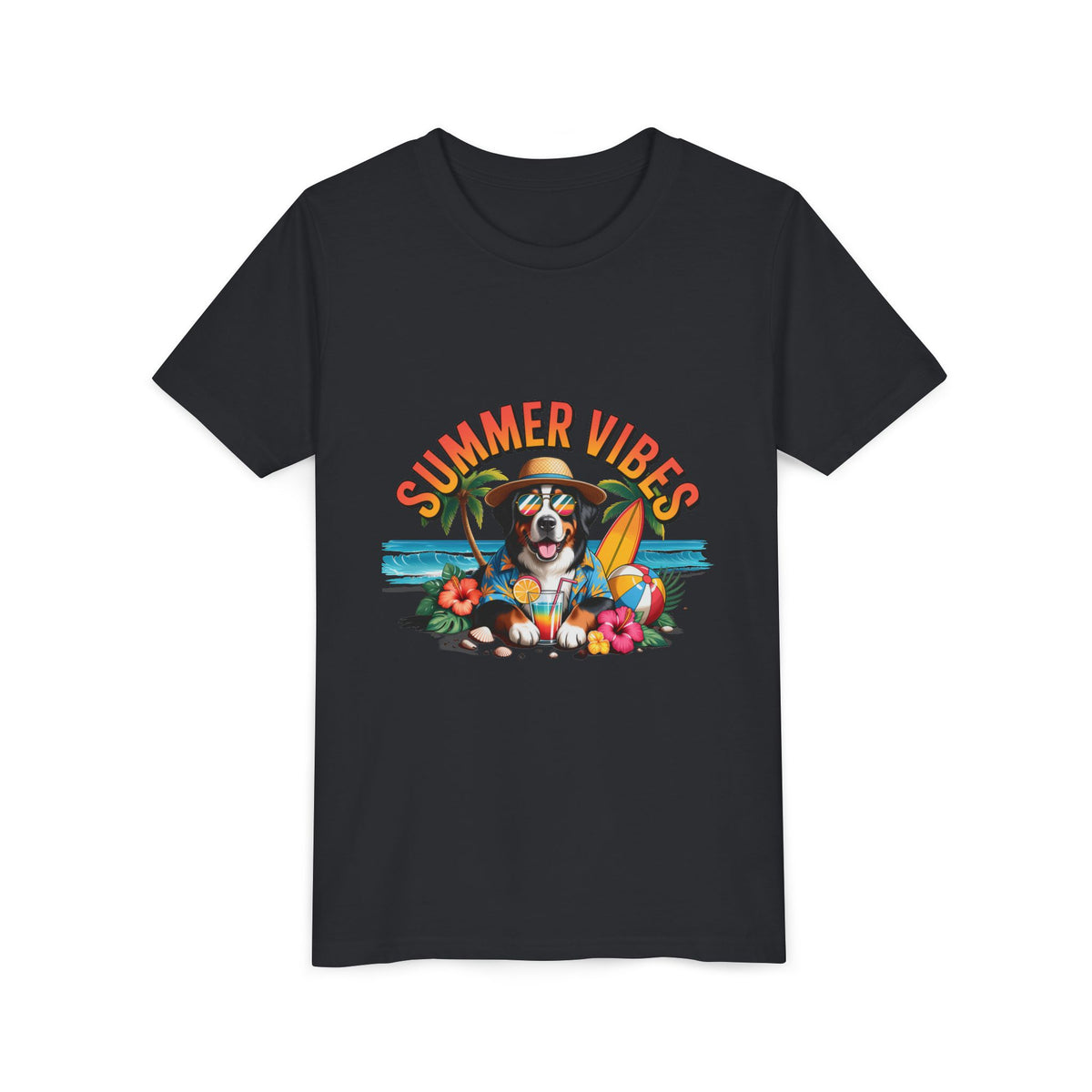 Youth Tee-"Summer Vibes" Dog Surfing Design Unisex T-Shirt by Printify