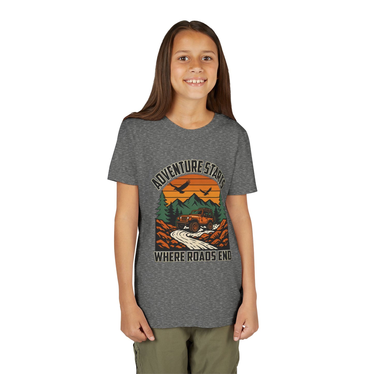 Youth Tee - Adventure Starts Where Roads End Off-Road Jeep Graphic Unisex T-Shirt by Printify