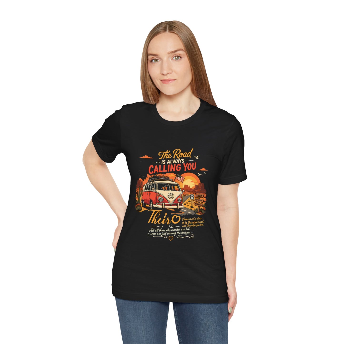 Road Trip Camper Van Unisex T-Shirt — “The Road Is Always Calling You” Vintage Travel Tee by Printify