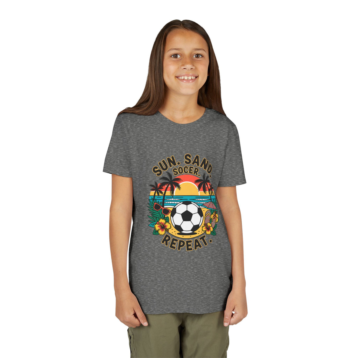 Youth Tee-Sun, Sand, Soccer, Repeat (Beach Soccer Graphic) Unisex T-Shirt by Printify
