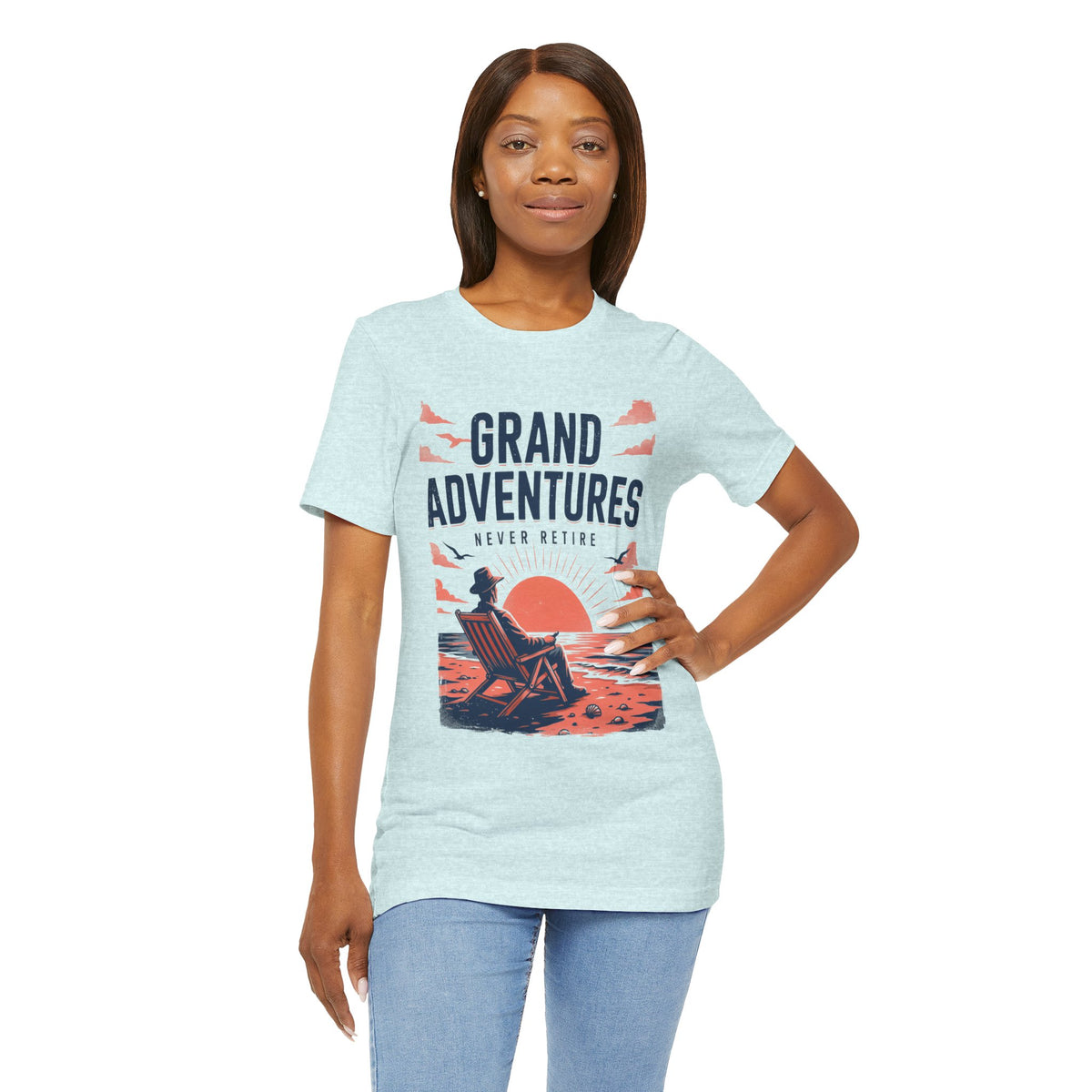 Never Retire Sunset Beach Tee-Vintage Sunset Chair & Seagulls Graphic Unisex T-Shirt by Printify