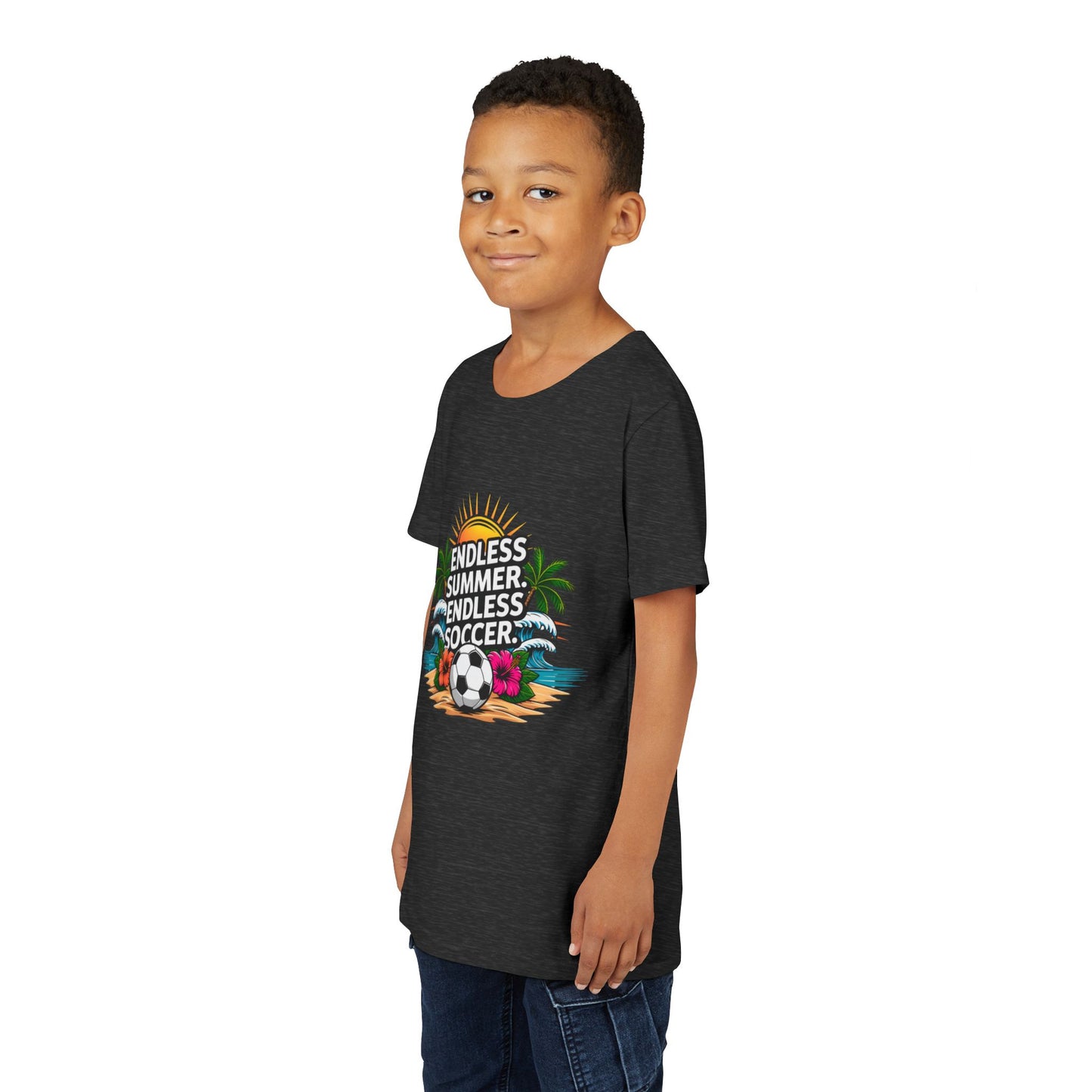Youth Tee-"Endless Summer, Endless Soccer" Tropical Soccer Graphic Unisex T-Shirt by Printify