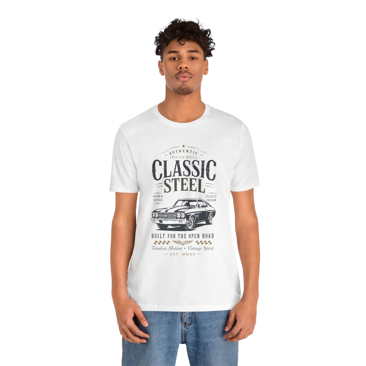 Classic Steel Vintage Car Tee-Built for the Open Road T-Shirt by Printify
