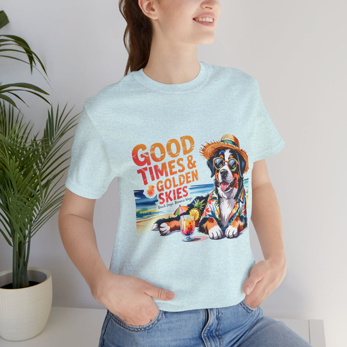 Good Times & Golden Skies Beach Dog Unisex T‑Shirt by Printify